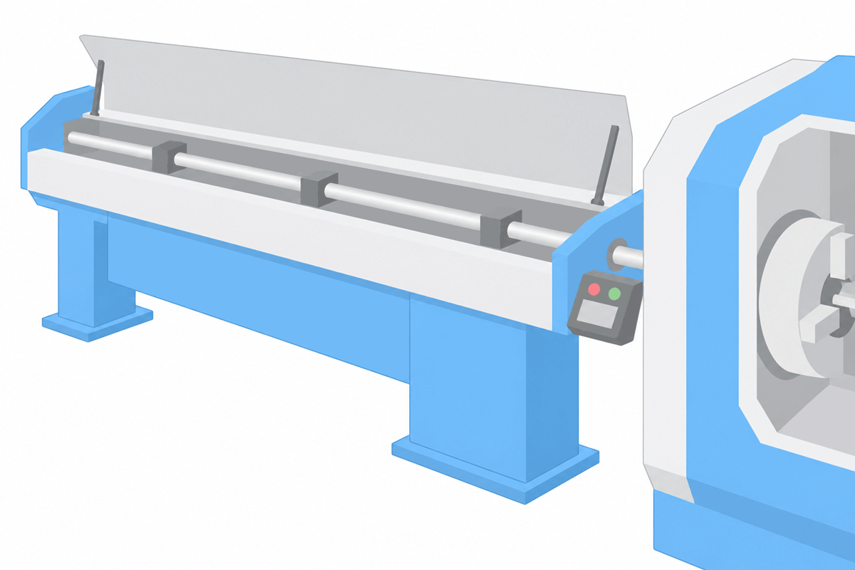 The bar feeder advances stock into the spindle and replenishes the length used for each part.