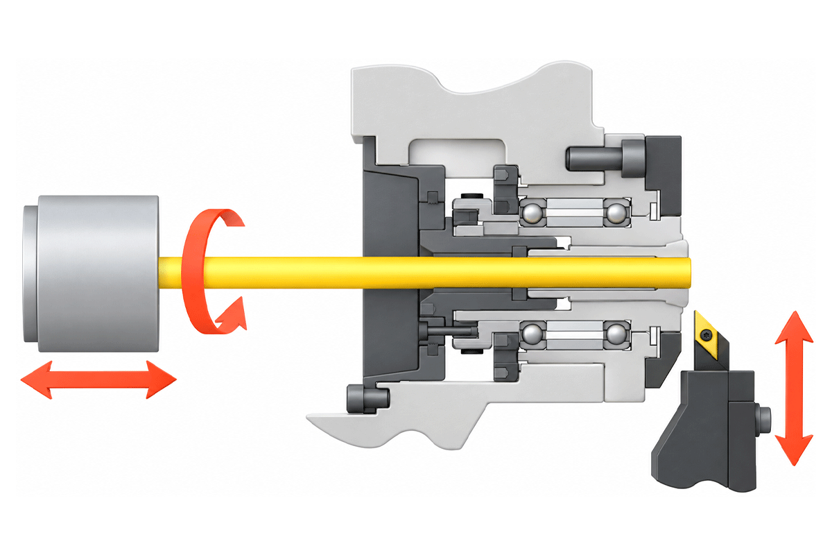 The headstock moves axially with the bar while cutting takes place close to the guide bushing.