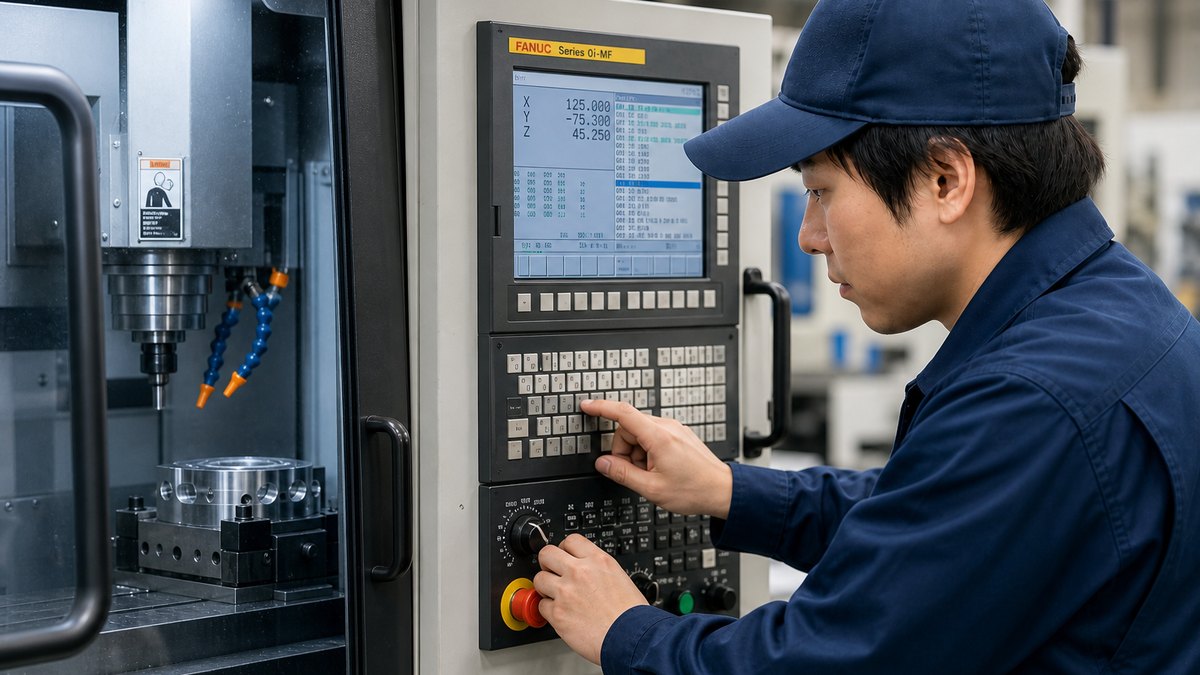 CNC自動旋盤の操作パネルを操作する若手オペレーターのイメージ